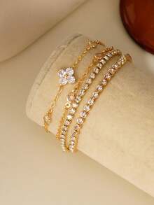 4pcs Cubic Zirconia Four-Leaf Clover Decor Bracelet Set, Stackable Crystal Chain Bracelet Suitable For Women Daily, Party, Banquet Wear, Holiday Gift - Yellow Gold - View 2