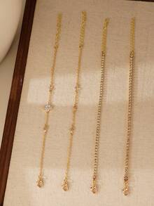 4pcs Cubic Zirconia Four-Leaf Clover Decor Bracelet Set, Stackable Crystal Chain Bracelet Suitable For Women Daily, Party, Banquet Wear, Holiday Gift - Yellow Gold - View 3