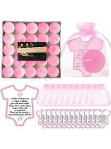 20/50支粉色婴儿派对回礼蜡烛，配粉色卡片和欧根纱袋，适合女宝宝派对、朋友聚会、性别揭晓派对等场合。 - 彩色 - 查看 1