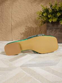 Fashionable New Women Faux Pearl & Rhinestone Decor Strap Open Toe Casual Low Heel Sandals, Versatile For Summer - Cadet Blue - View 7