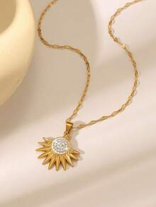 女士奢华闪耀圆盘/旭日/3D五角星吊坠项链，高光泽镀金锆石链，通勤和约会皆宜，金色首饰 - 金色 - 查看 8