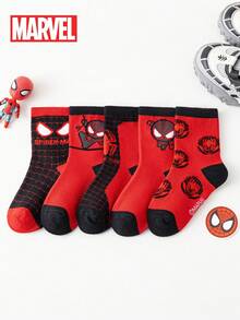 5 Pairs Marvel Superhero Venom & Spider-Man Socks, Cartoon Style Mid-Calf Socks For Boys & Girls, Autumn/Winter - Multicolor - View 13