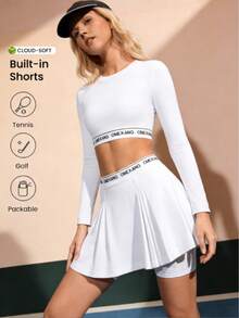 2pcs/Set Women Tennis Outfit - White Letter Tape Cropped Long Sleeve Top + Pleated Skirt, Sweet & Energetic Sports Casual Wear, Relaxed Fit For Commuting & Outdoor - White - View 1