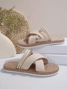Nuevas sandalias/pantuflas planas de playa bohemias versátiles de moda para exteriores/interiores de talla grande, ropa de calle Y2K - Beis - Ver 4