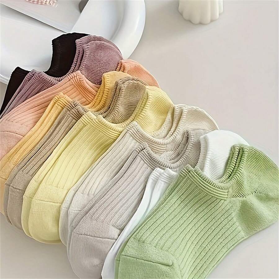 5 pares/8 pares de calcetines cortos invisibles, versátiles y de moda, finos y con rayas de dopamina para primavera y verano - Multicolor - Ver 1