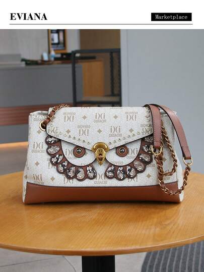 2026新款时尚高端优雅女士手提包，独特铆钉设计，复古字母印花单肩腋下包，个性猫头鹰造型单肩斜挎包，大容量轻便通勤撞色手提包