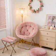 Folding Saucer Chair For Adults With Ottoman, Circle Reading Chair For Bedroom, Living Room & Dorm, Furry Comfy Accent Seat With Metal Leg & Thick Padded For Small Spaces (Pink, 1 Pack) - Hồng/Vàng - Xem 2