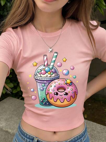 少女可爱美学露脐T恤，甜甜圈和珍珠奶茶印花，星星点缀，修身版型，适合朋友购物、周末聚会、街头风、日常休闲穿着
