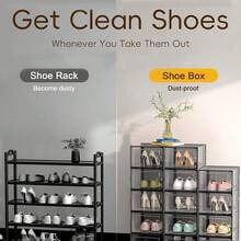 6/12/24-Pack Shoe Storage Boxes, Transparent Plastic Stackable Shoe Cabinet Organizer, Space-Saving Folding Athletic Shoe Container Rack - 黑色 - 查看 8