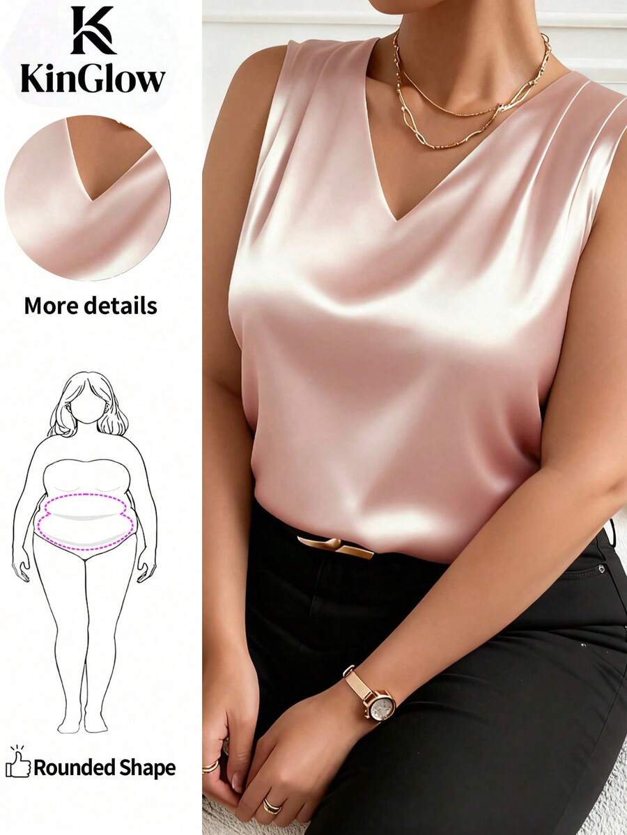 Plus Size Solid Color V-Neck Sleeveless Shirt, Elegant For Office/Commute, Summer - Champagne - View 1