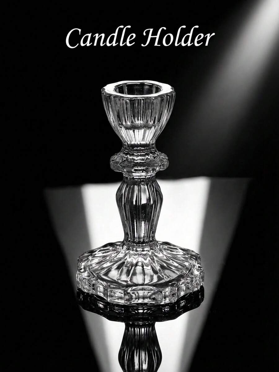 1件/套玻璃烛台，复古法式风格，透明纹理单臂锥形烛台，适用于餐桌中心装饰、客厅壁炉架摆设、婚礼招待会装饰、节日派对布置、精品酒店点缀、浪漫约会之夜、新娘送礼会布置、办公室接待氛围。