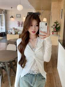 Capa base de manga larga con volantes de unicolor, nueva blusa de encaje estilo coreano 2 en 1 sexy para otoño y primavera blanca - Blanco - Ver 1