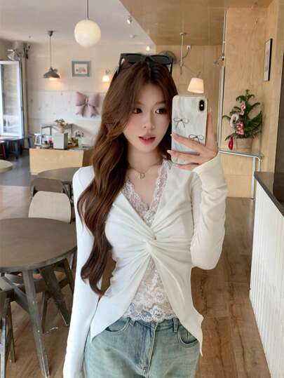 Atasan Dalaman Lengan Panjang Berenda Warna Polos, Kaos Renda Gaya Korea Baru 2 In 1 Blus Seksi untuk Musim Gugur dan Musim Semi Putih
