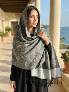 1pc Women Stripe Paisley Jacquard Two Tone Scarves Winter Fall Warm Pashmina Shawl Beach Cover Up Sarong Cashmere Feel Soft Silky Wrap Scarf Fringes Daily Life Evening Dresses Travel Office Wedding And Gift - Dark Grey - View 2