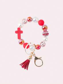 1件十字串珠手链钥匙扣，喜庆红色流苏吊坠，红色串珠手链钥匙圈，珍珠水钻串珠手链钥匙扣，防丢腕带吊坠，新年礼物 - 紅色-02 - 查看 10