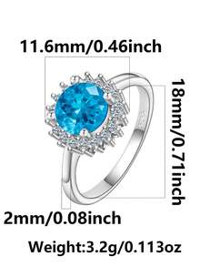 Anel feminino geométrico em prata de lei S925, com zircônia cúbica azul redonda cravejada em pavé, tamanho ajustável, ideal para uso diário ou para presentear, perfeito para noivado. Acompanha caixa para presente. - Prata - Ver 3