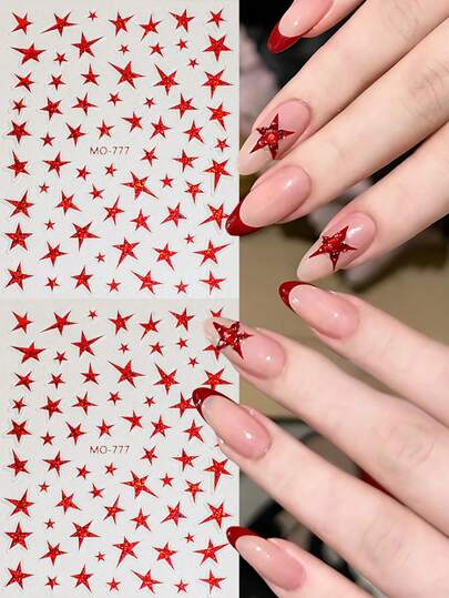 2pcs Red Glitter Star Nail Stickers 5D Embossed Shiny Wedding Nail Art Decals Party/Valentine's Day/New Year Nail Supplies DIY Nail Charms Decorations