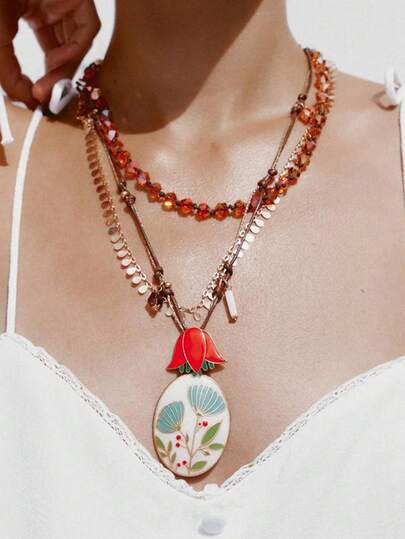 Halsband och örhängen med flera lager, elegant pärlhalsband i repstil med blommigt hänge i legering, lätt och lyxig design, mångsidiga accessoarsmycken för kvinnor