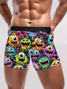 1pc Men's Boxer Briefs - Colorful Cartoon Monster Print Underwear, Fun & Playful Daily Wear And Unique Gift, Suitable For Boyfriend, Husband, Holiday & Anniversary Gifts - Black - View 1