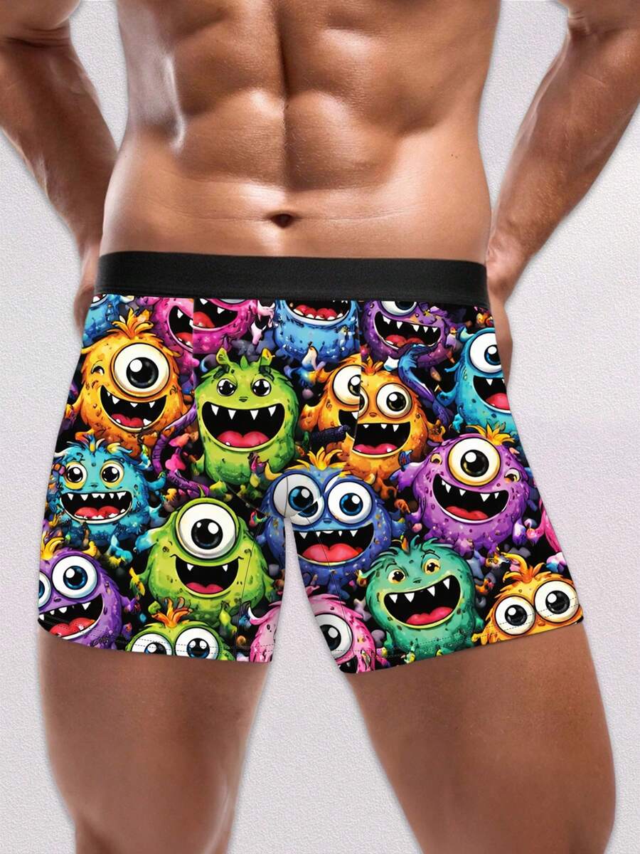1pc Men's Boxer Briefs - Colorful Cartoon Monster Print Underwear, Fun & Playful Daily Wear And Unique Gift, Suitable For Boyfriend, Husband, Holiday & Anniversary Gifts - Black - View 1