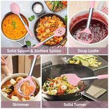 Juego 8 utensilios cocina silicona mango acero inoxidable para antiadherentes freír drenaje resistente calor apto lavaplatos - Rosado - Ver 3