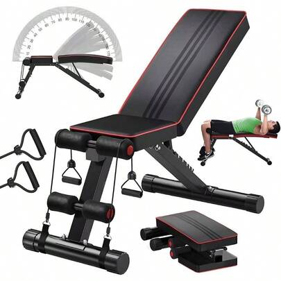 , Banco Fitness Multiposicion, Banco de Abdominales con 2 Ligas Incluidas, Asiento de Pesas Ajustable en Posiciones, Soporta Hasta 250Kg, Negro