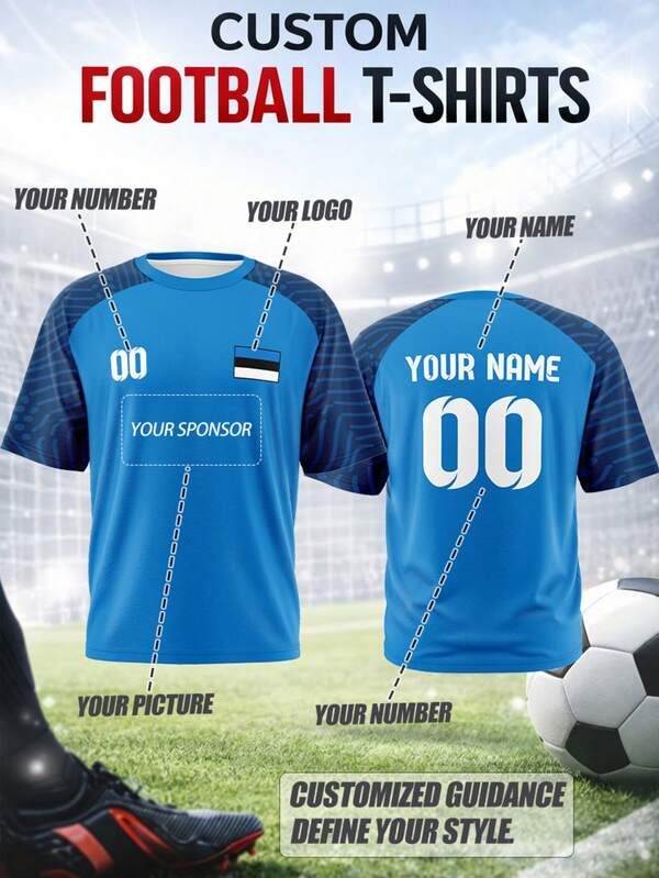 Customizable Plus Size Men's Soccer Jersey, Includes Name, Number, Logo, Team Or Sponsor, Crew Neck, Quick-Dry Breathable Fabric, Suitable For Team Matches, Training, Sports, Casual Wear, Fan Apparel, Seasonal Gifts, Spring/Summer