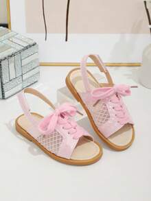 1 Pair Girls' Summer Flat Sandals, Pink Fabric Upper With Lace, Hook And Loop Strap At Heel, Round Toe, Fashion New Style Suitable For Daily Wear - Pink - View 6