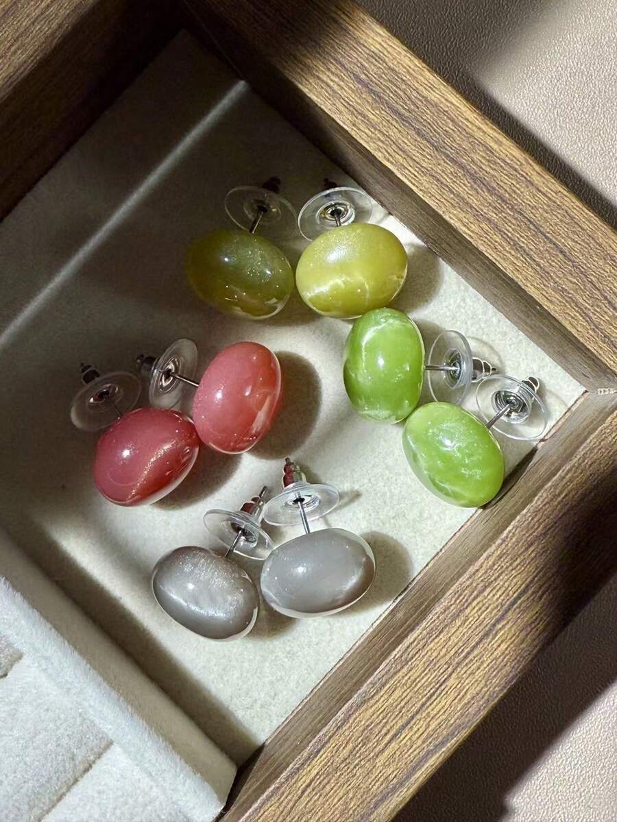 4对糖果色扎染猫眼树脂耳钉,简约时尚设计,复古优雅耳环套装,适合女性日常及节日佩戴 - 套裝D款 - 查看 1