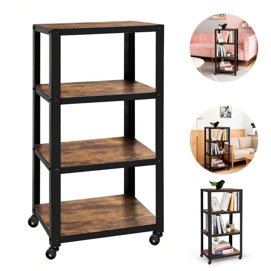 4-Tier Industrial Storage Shelf With Wheels, 90cm Tall Rustic Brown & Black Metal Wood Bookcase For Home Office, Multi-Functional Display Rack - 1 - Xem 1