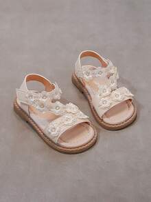 1 Pair Girls Lace Trim Sandals, Soft Sole Non-Slip Princess Style Casual Hook And Loop Sandals - Beige - View 2