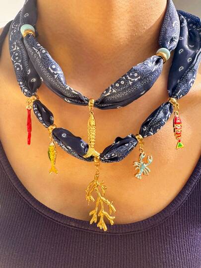 1件优雅波西米亚风独特奢华百搭吊坠项链，饰有海马、龙虾、水母、珊瑚不锈钢吊坠，系于丝带上，适合女性日常、派对、夏季海滩装扮