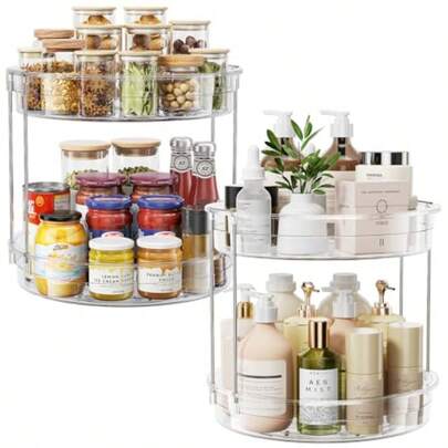 LAMU 2 Tier Lazy Susan Turntable Organizer 9.25'' Rotating Spice Rack Organization For Cabinet Kitch Pantry Countertop Bathroom Vanity Medicine Cabinet Organizer Clear