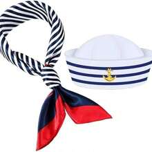 白色水手帽，船长帽，游艇派对服装配饰，平顶海军帽配围巾 - 彩色 - 查看 13