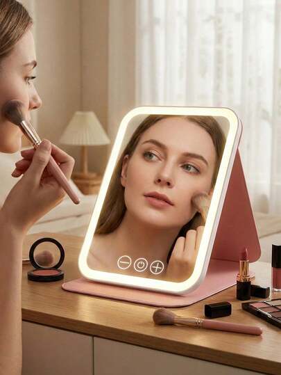 LED Makeup Mirror, Foldable Tabletop Makeup Mirror With Lights, 3 Lighting Modes Vanity Mirror, Tabletop Mirror, USB Rechargeable Makeup Mirror, Travel Makeup Mirror, PU Leather