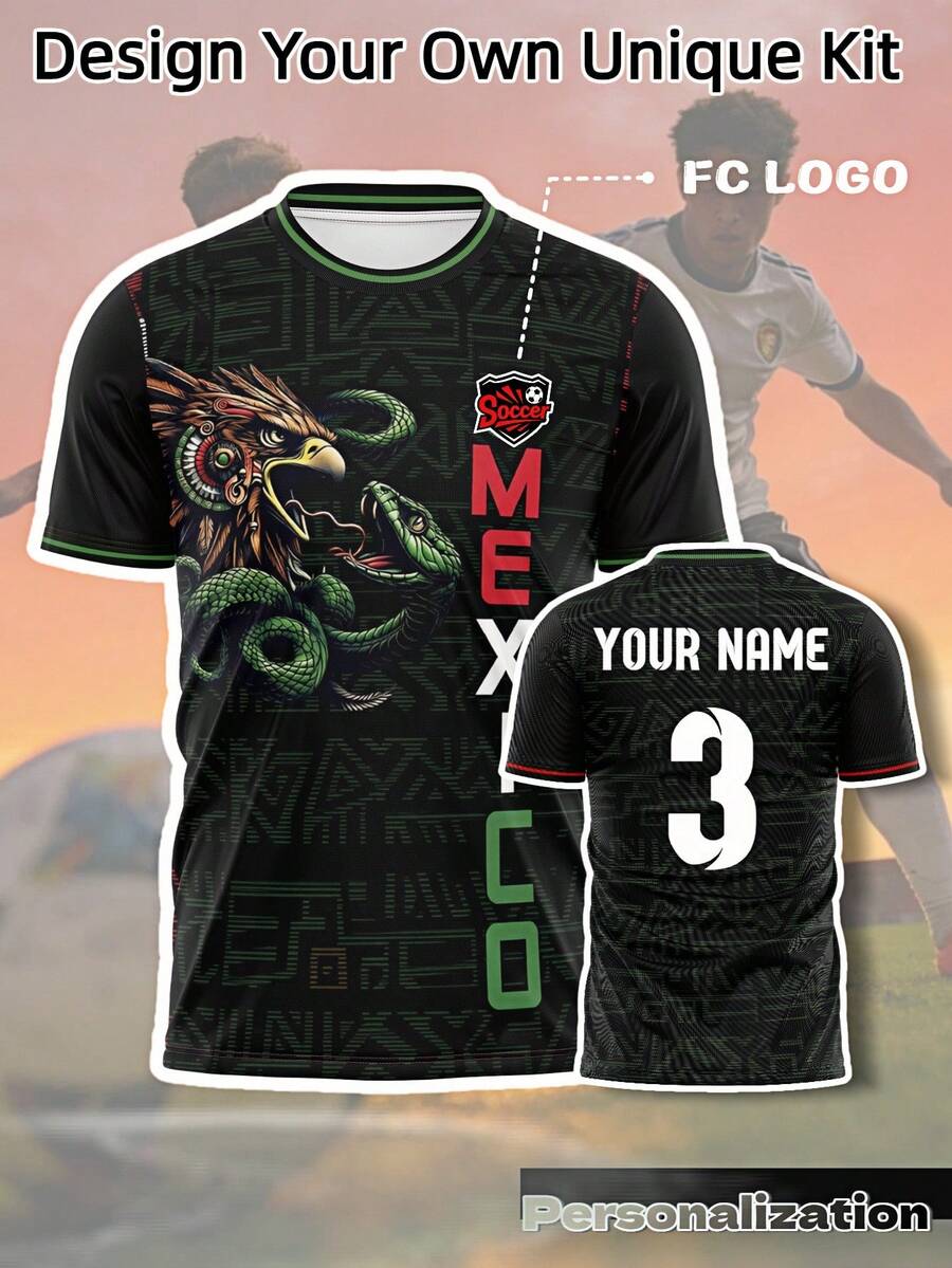 Áo bóng đá kiểu Mexico in hình đại bàng và rắn (1 chiếc) - Áo bóng đá cá nhân hóa, trang phục thể thao thoáng khí phù hợp cho người hâm mộ và các đội bóng, tên và số có thể tùy chỉnh, thích hợp cho các trận đấu bóng đá, bóng rổ, bóng chuyền và tập luyện hàng ngày, quà tặng World Cup 2022, quà tặng ngày Valentine, màu đen mùa hè - màu đen - Xem 1