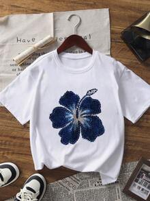 Áo thun ngắn tay in hoa cho bé gái tuổi teen, trang phục thường ngày cho học sinh và các bạn trẻ, áo mùa hè cho bé gái sẵn sàng vui chơi. - trắng - Xem 5