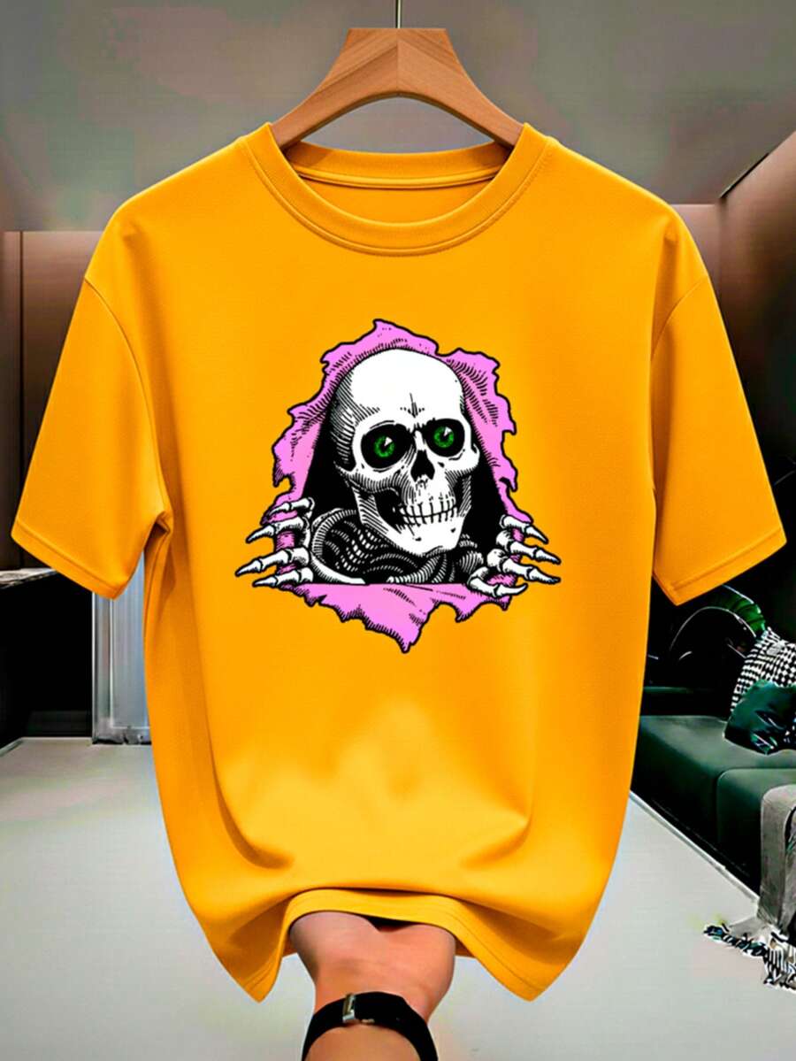 Skull Skeleton Streetwear T-Shirt, 100% Cotton, Men's And Women's Unisex Premium Shirt - 黃色 - 查看 1