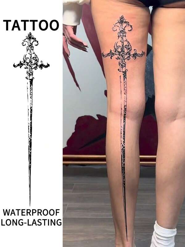 Tatuaje temporal impermeable de 1-2 semanas, patrón de espada genial, tatuaje semi-permanente no reflectante y realista, adecuado para hombres y mujeres, decoración para brazos, espalda y piernas, regalo ideal, pegatina de arte corporal de moda