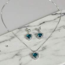 Venetian Chain Necklace And Heart Earring Set With Micro-Pave Cubic Zirconia Stones, Semi-Precious Jewelry Plated In 925 Silver. - 藍色 - 查看 1