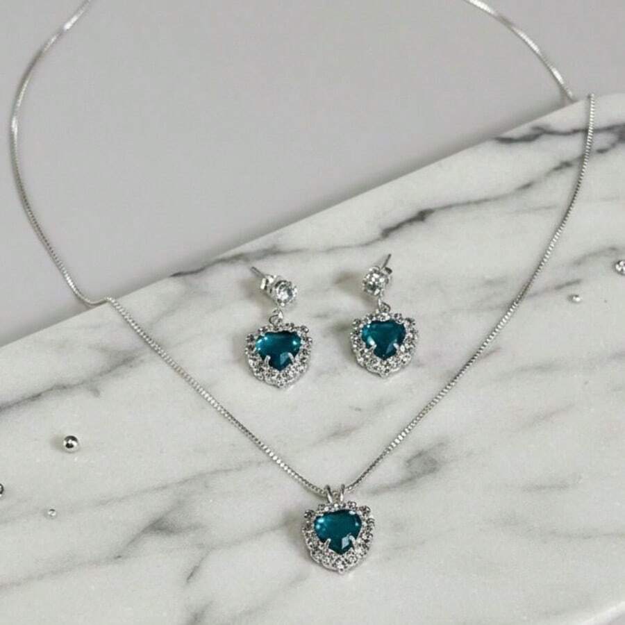 Venetian Chain Necklace And Heart Earring Set With Micro-Pave Cubic Zirconia Stones, Semi-Precious Jewelry Plated In 925 Silver. - 藍色 - 查看 1