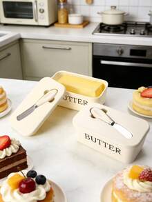 一套不锈钢黄油碟（含黄油刀）、带盖奶酪盒、奶酪切片器、冰箱食品容器，适用于家庭厨房、户外野餐和露营。 - 彩色 - 查看 4