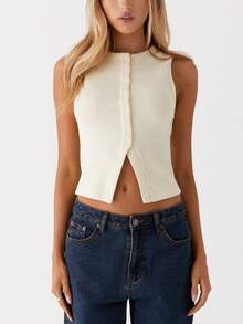 Women Y2k Button Down Tank Tops Casual Summer Ribbed Sleeveless Tees Shirts Basic Slim Fit Vest Shirts Aesthetic Crop Tops Streetwear - 杏色 - 查看 5