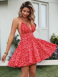 女士波西米亚风红色露背V领夏季连衣裙，无袖吊带性感露背修身腰部派对连衣裙，可爱蝴蝶结沙滩度假连衣裙 - 紅色 - 查看 3