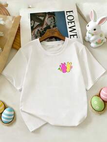 Young Girl Easter Bunny Print Short Sleeve T-Shirt, Casual Round Neck Children Clothing - White - View 2