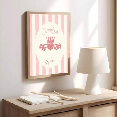 1pc Frameless Irish Claddagh Ring "Gra" Pink Stripe Modern Ireland Poster Wall Art Canvas Print For Room Decor, Dorm Essentials, Birthday Gift And Party Decoration, Vintage Celtic Theme Bedroom Decor, Aesthetic Room Decor, Prints For Wall, College Dorm Room Essentials, Home Decoration Bedroom, Irish Heritage Gift, Unique Wall Decor Idea, Minimalist Cultural Art.