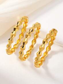 3件套24K镀金中东风格纹理手镯，闪亮金属光泽，适合斋月、传统庆典和派对佩戴 - 金黃色 - 查看 1