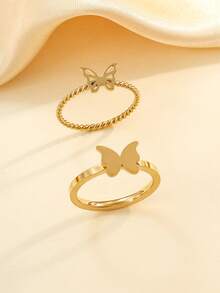 2pcs Stainless Steel Minimalist Golden Butterfly Rings Set, Suitable For Women's Daily Wear Or Gift - Yellow Gold - View 1