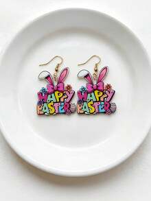 1 Pair Fashion Creative Easter Happy Rabbit Earrings | Letter Print Rabbit Drop Earrings, Acrylic With Alloy Ear Needle, Suitable For Daily And Festive Occasions - Multicolor - View 4