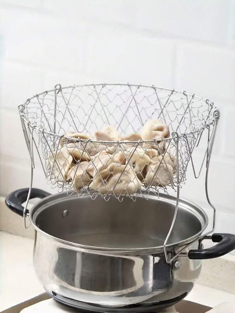 1pc Stainless Steel Frying Basket, Collapsible Home Frying Basket, Multi-Function Kitchen Strainer Basket - Multicolor - View 4